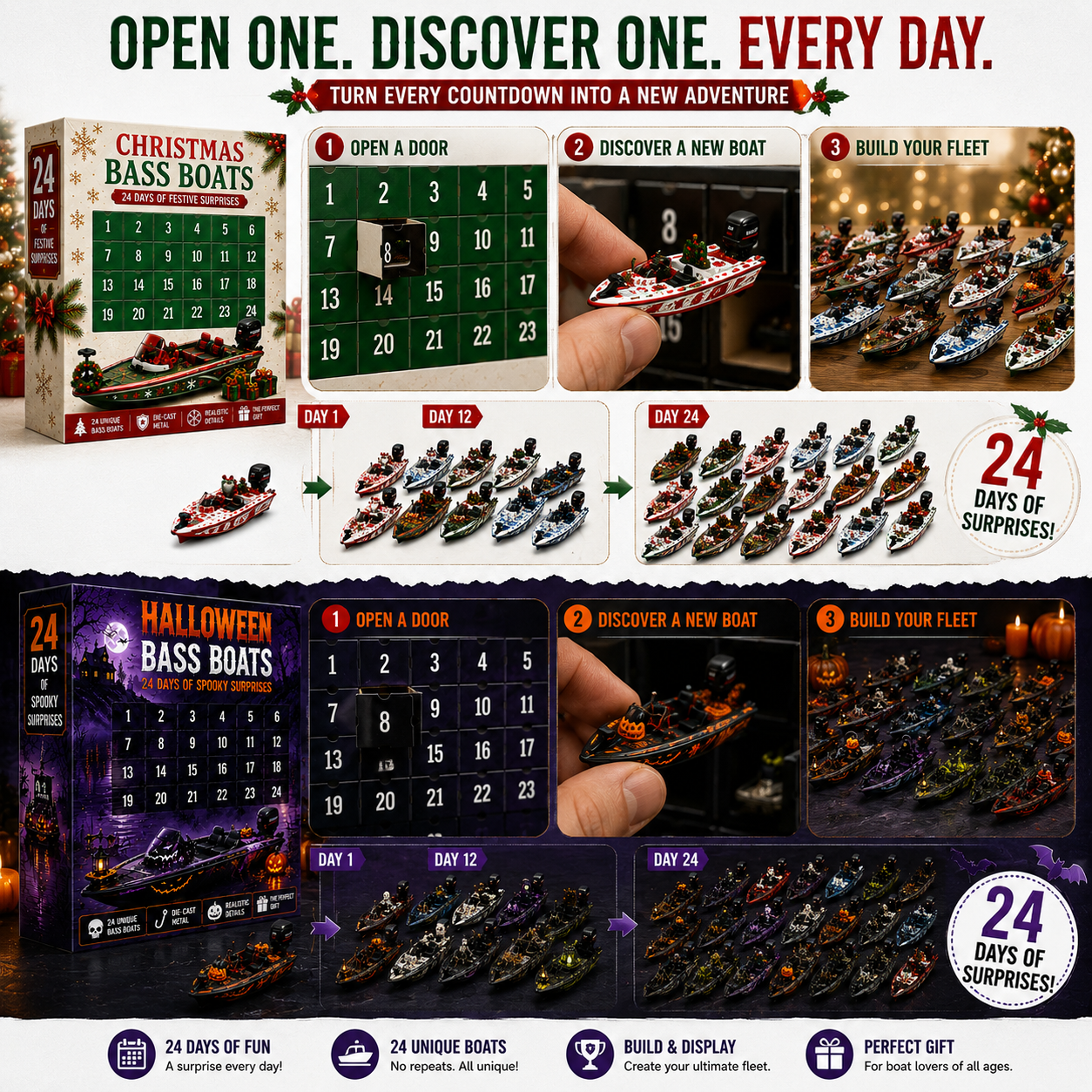 🚤24-Day Bass Boat Advent Calendar – Christmas & Halloween Collectible Boat Edition
