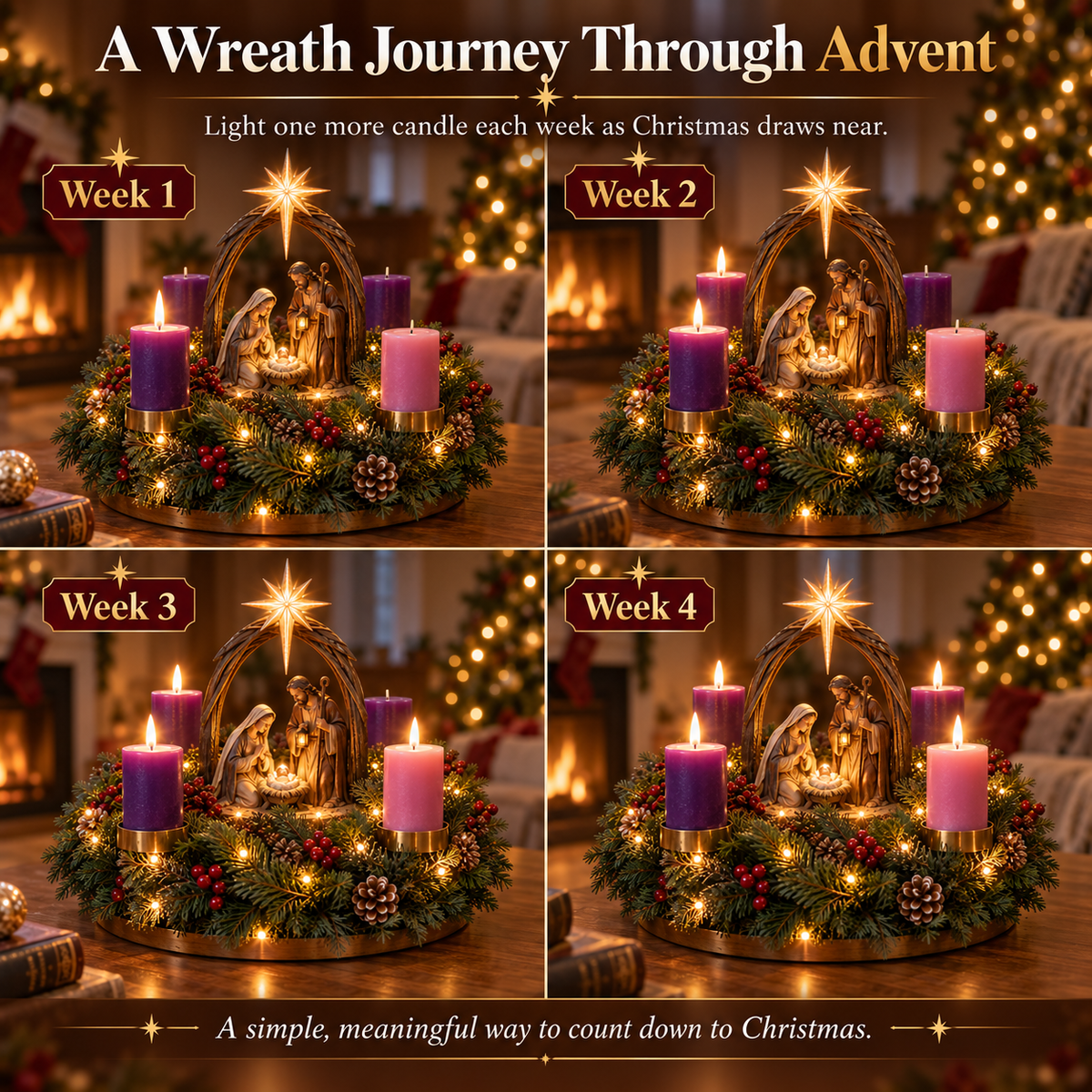 🔥50% OFF✨✝️ Lighted Nativity Advent Wreath – A Sacred 4-Week Christmas Tradition🕯️