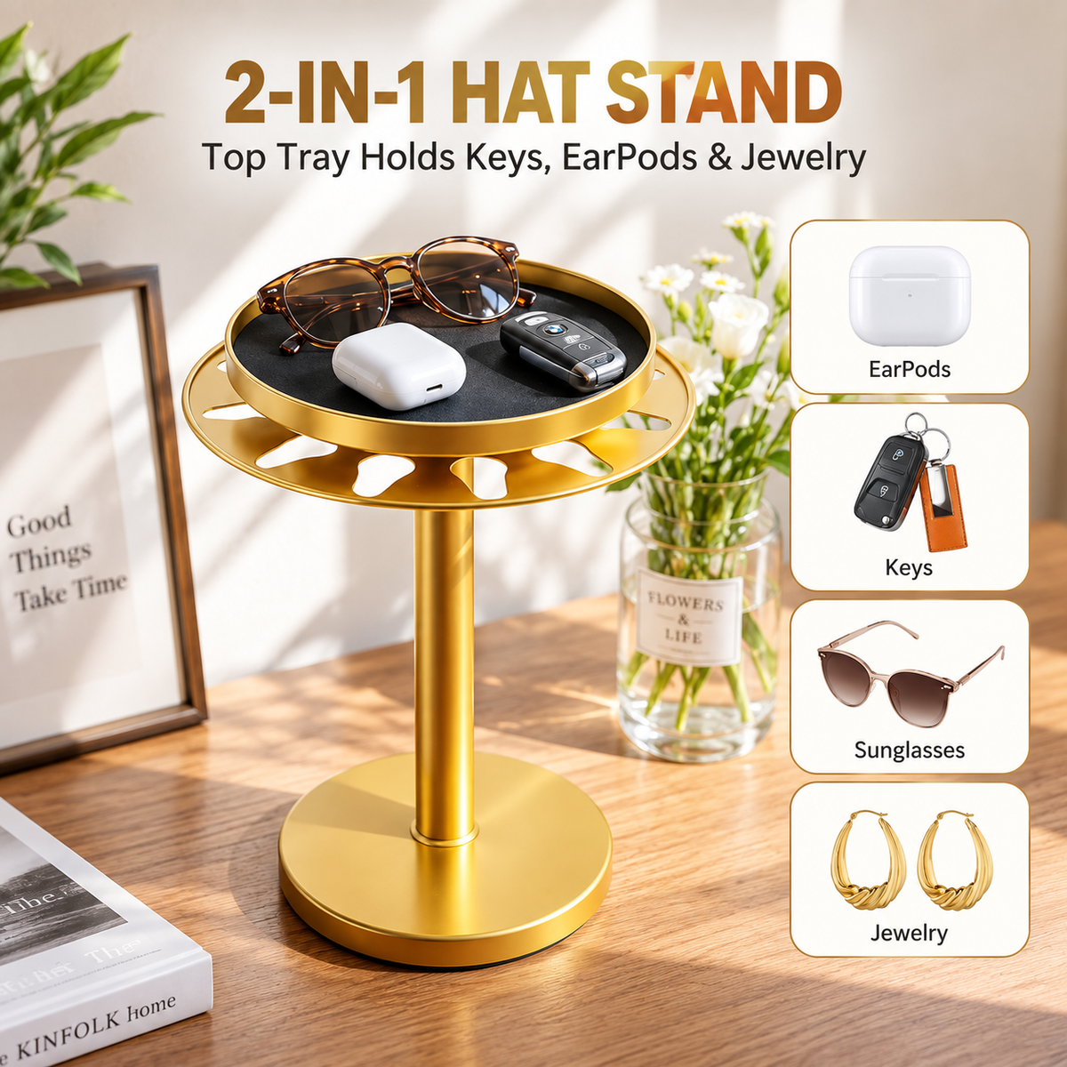 360° Rotating Baseball Cap Organizer with Storage Tray