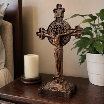 Hand-Carved Beechwood Saint Benedict Crucifix – Double-Sided Christian Standing Cross