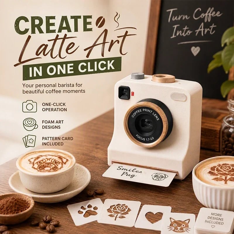☕📸 Camera-Style Latte Art Maker – Reusable Stencil Press