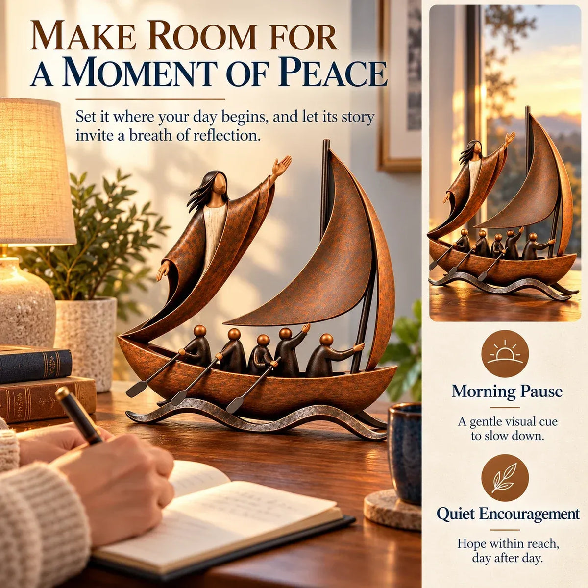⛵ Faith-Inspired Sailing Boat Sculpture | Bronze-Tone Décor with Symbolic Figures & Timeless Detail ✨