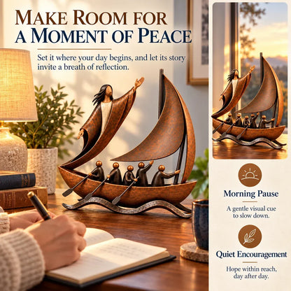 ⛵ Faith-Inspired Sailing Boat Sculpture | Bronze-Tone Décor with Symbolic Figures & Timeless Detail ✨