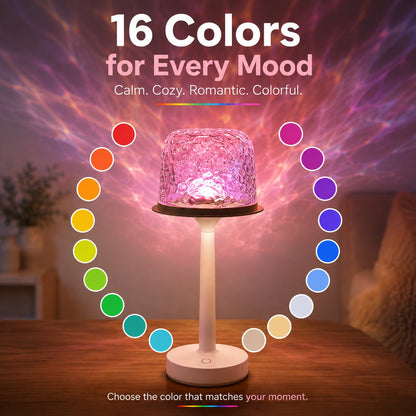 16-Color Water Ripple Projection Table Lamp – Rechargeable Remote & Touch Dimmable Mood Light