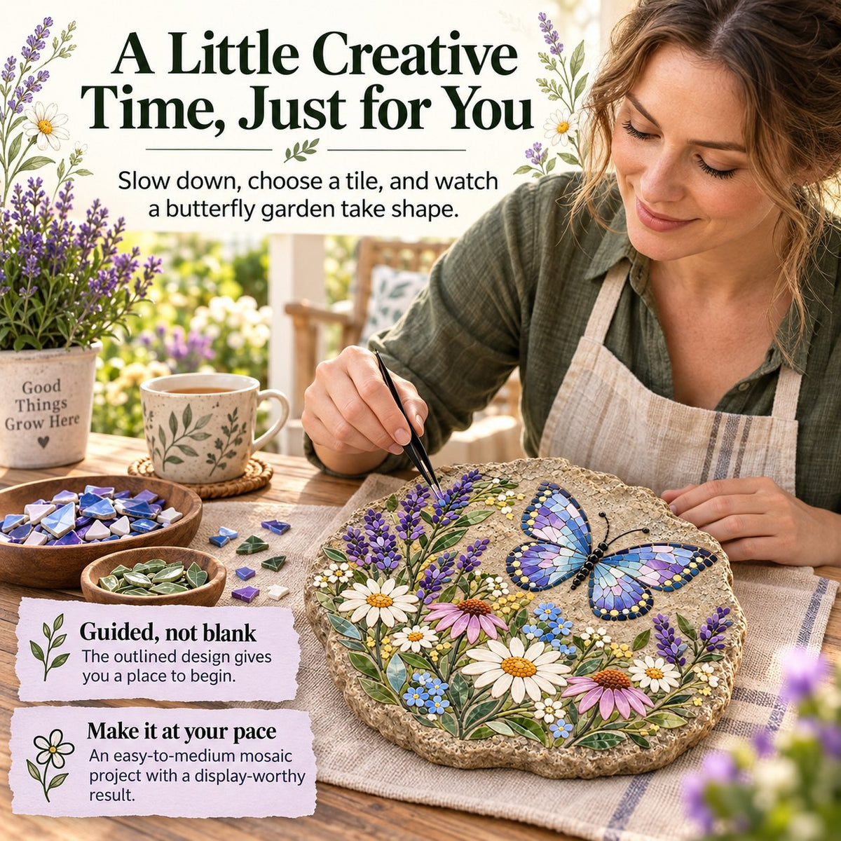 Woman enjoying a guided butterfly mosaic project at a table