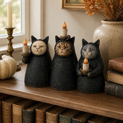 3-Piece Mysterious Hooded Cat Candlelight Figurine