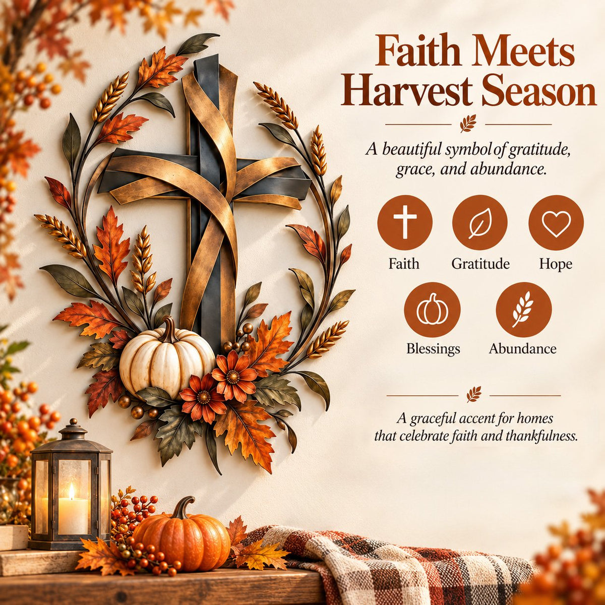 Autumn Cross & Pumpkin Harvest Metal Wall Decor