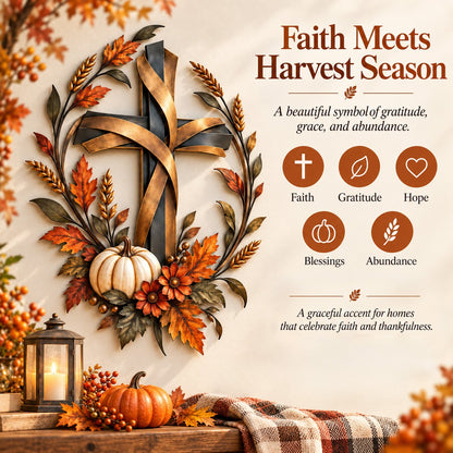 Autumn Cross & Pumpkin Harvest Metal Wall Decor