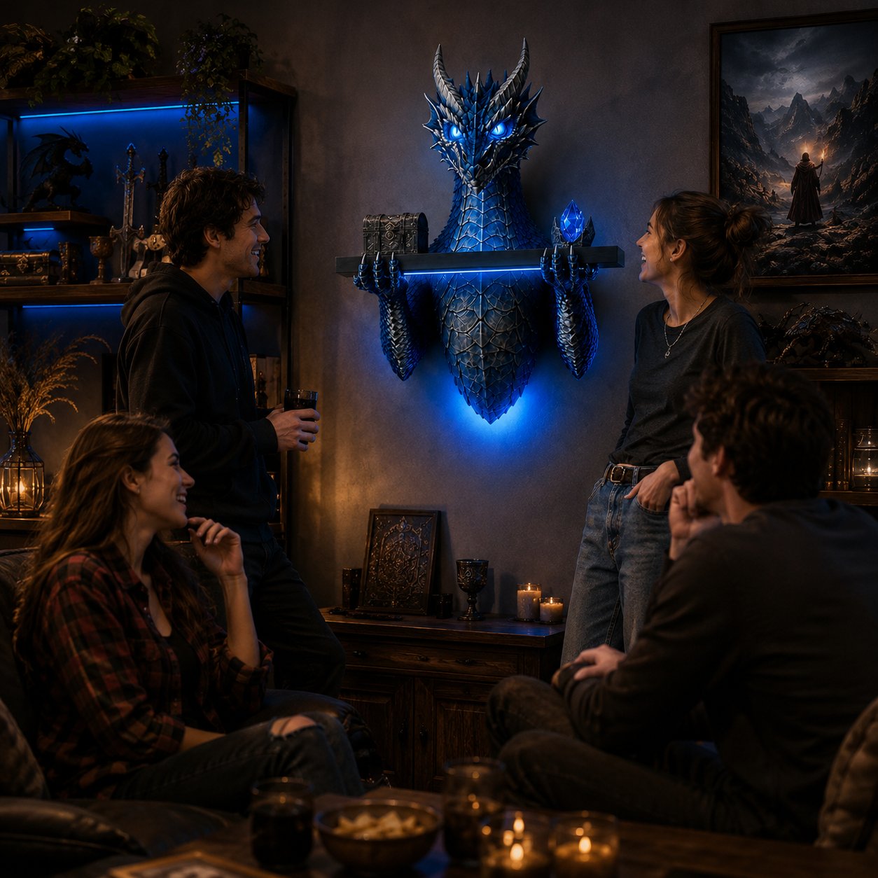 LED Dragon Bust Wall‑Mounted Sculpture Fantasy Themed Wall Decor With Blue Ambient Light For Game Room & Living Space