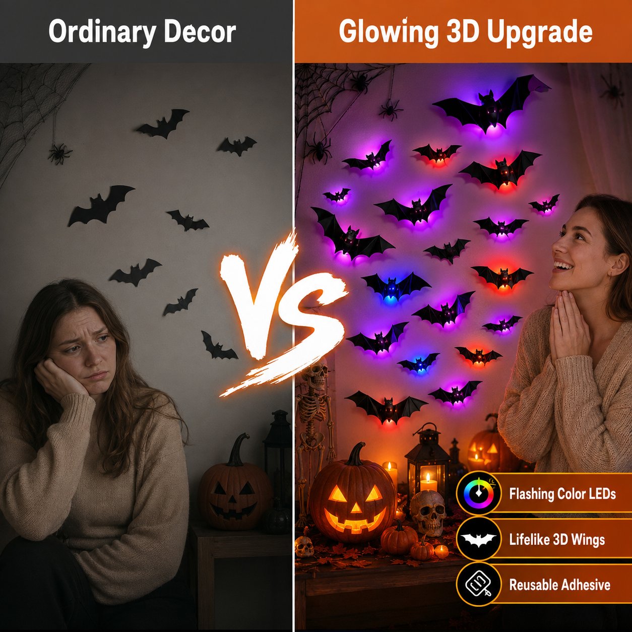 🦇 3D Flashing LED Bat Wall Stickers Set 🎃