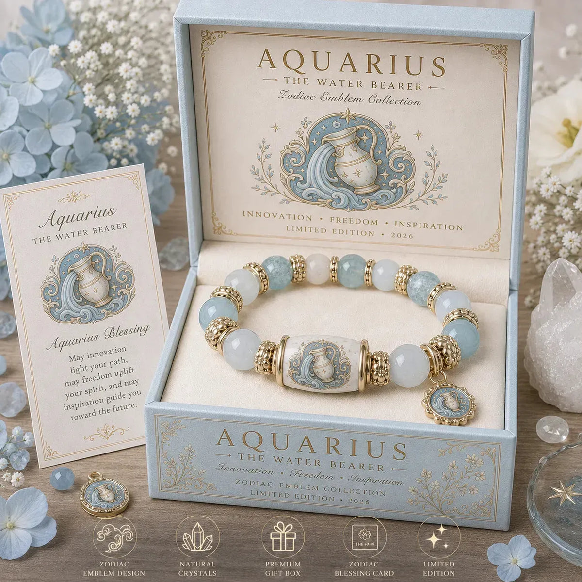 ⏳ Last Day 49% OFF – ♈ 12 Zodiac Natural Chalcedony Bracelet Collection | 10–12mm Gemstone Beads, Symbolic Zodiac Charm, Stretch Fit & Collector’s Gift Box Included ✨