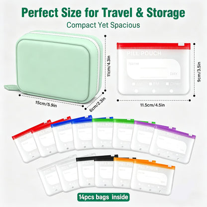 💊A8 Waterproof 14-Pouch Weekly Pill Organizer, Color-Coded Travel Storage for Vitamins & Supplements