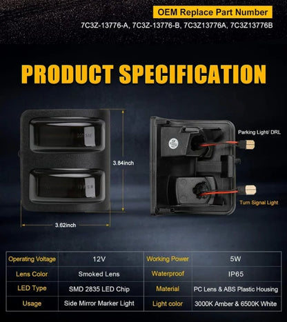 Dual-Color LED Truck Mirror Lights – Amber Turn Signal, White Parking Light, Smoked Lens, Plug-and-Play