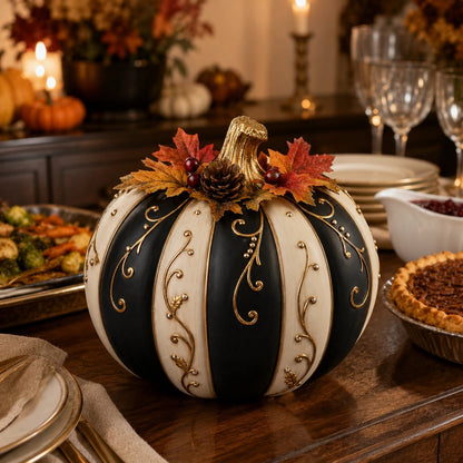 Lighted Black & Ivory Pumpkin Decor with Remote