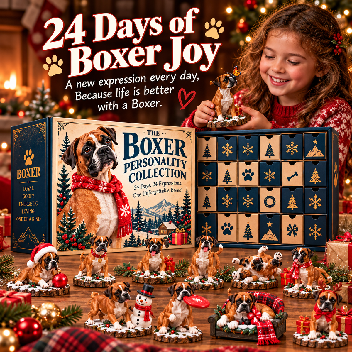 🐾🎄 – 24-Day Boxer Dog Christmas Advent Calendar with 24 Unique Collectible Figurines