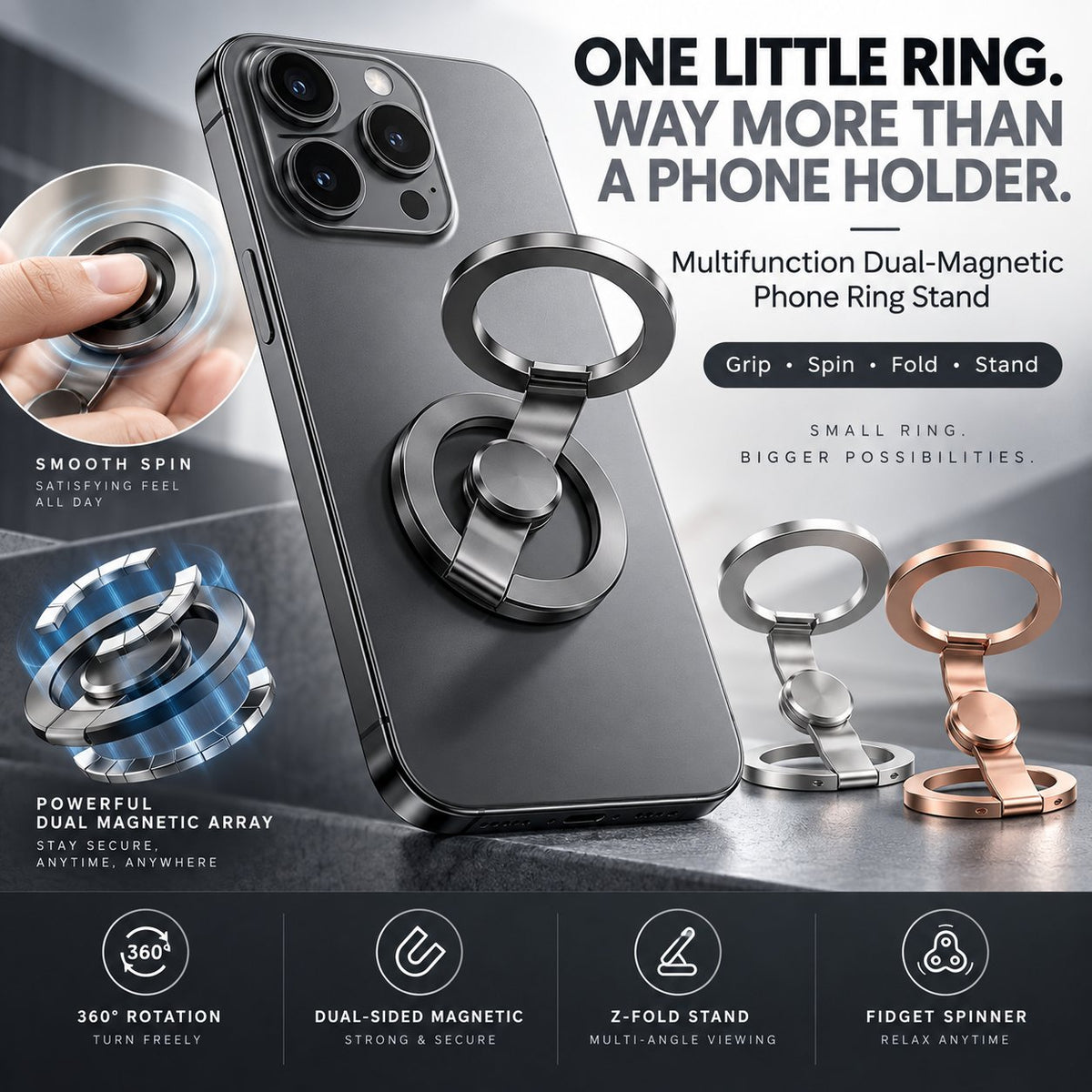 🧲 Snap. Spin. Stand. — 360° Dual-Magnetic MagSafe Phone Ring & Fidget Stand