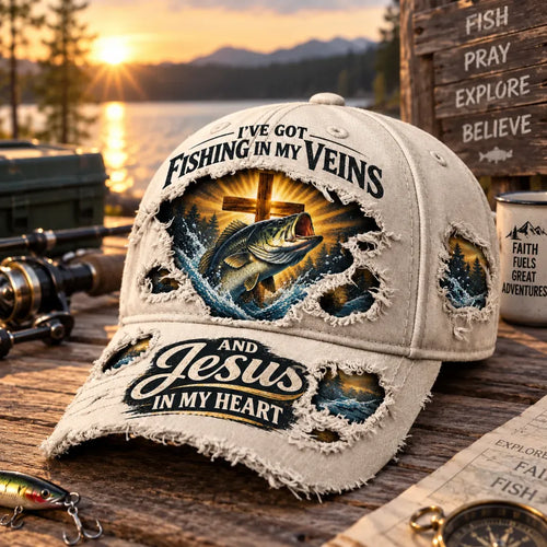 🎣✝️ Fishing & Faith Cap | “Fishing in My Veins, Jesus in My Heart” Christian Fisherman Hat for Lake, Boat & Outdoor Adventures 🙏🌊