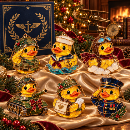 Military Duck Christmas Ornaments – 6-Piece Vintage Stained-Glass Style Gift Set