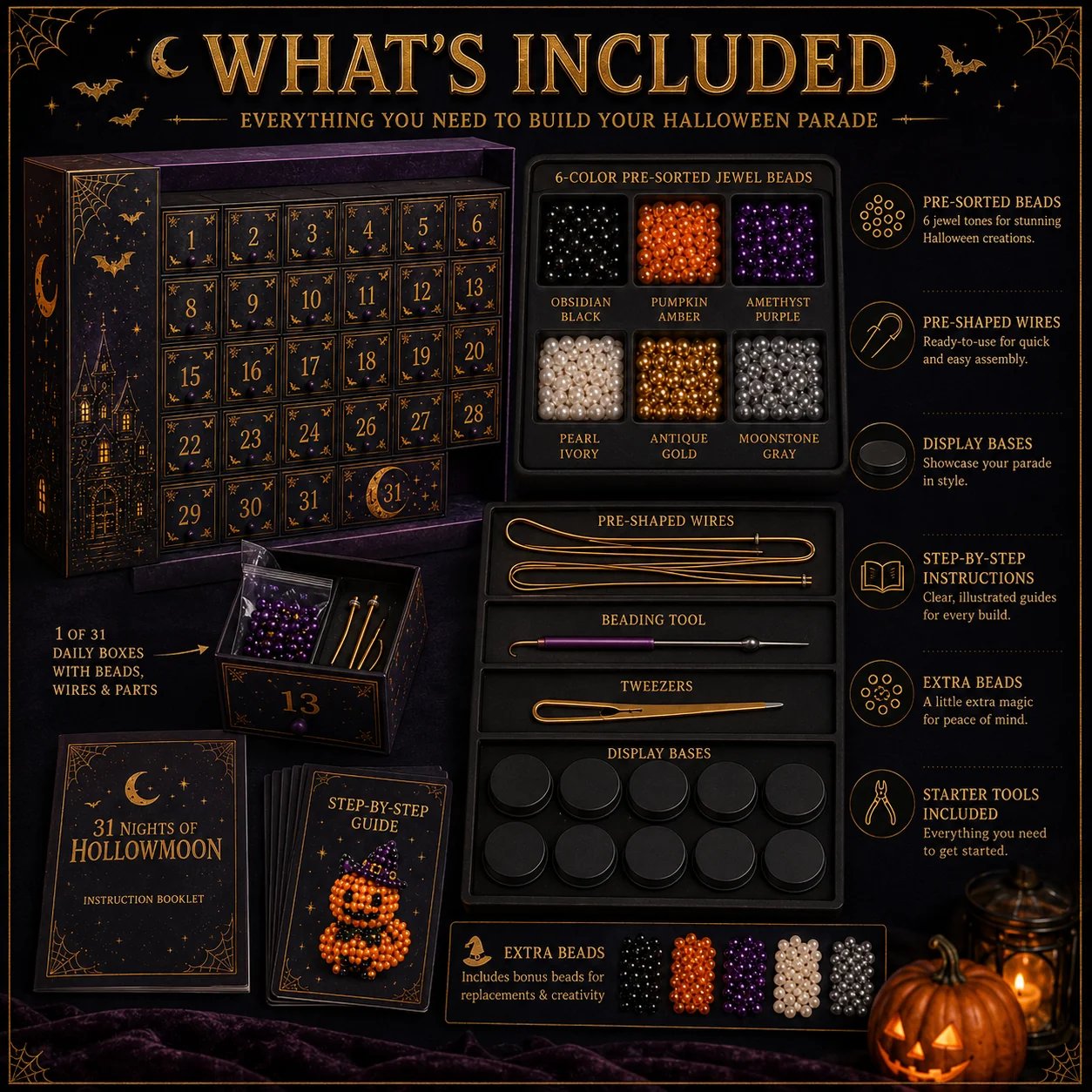 🔥 LAST DAY 49% OFF – 🎃 Hollowmoon 31-Night Jewel-Bead Countdown Calendar | 31 Daily DIY Characters, Complete Craft Supplies & Midnight Parade Display 💎✨