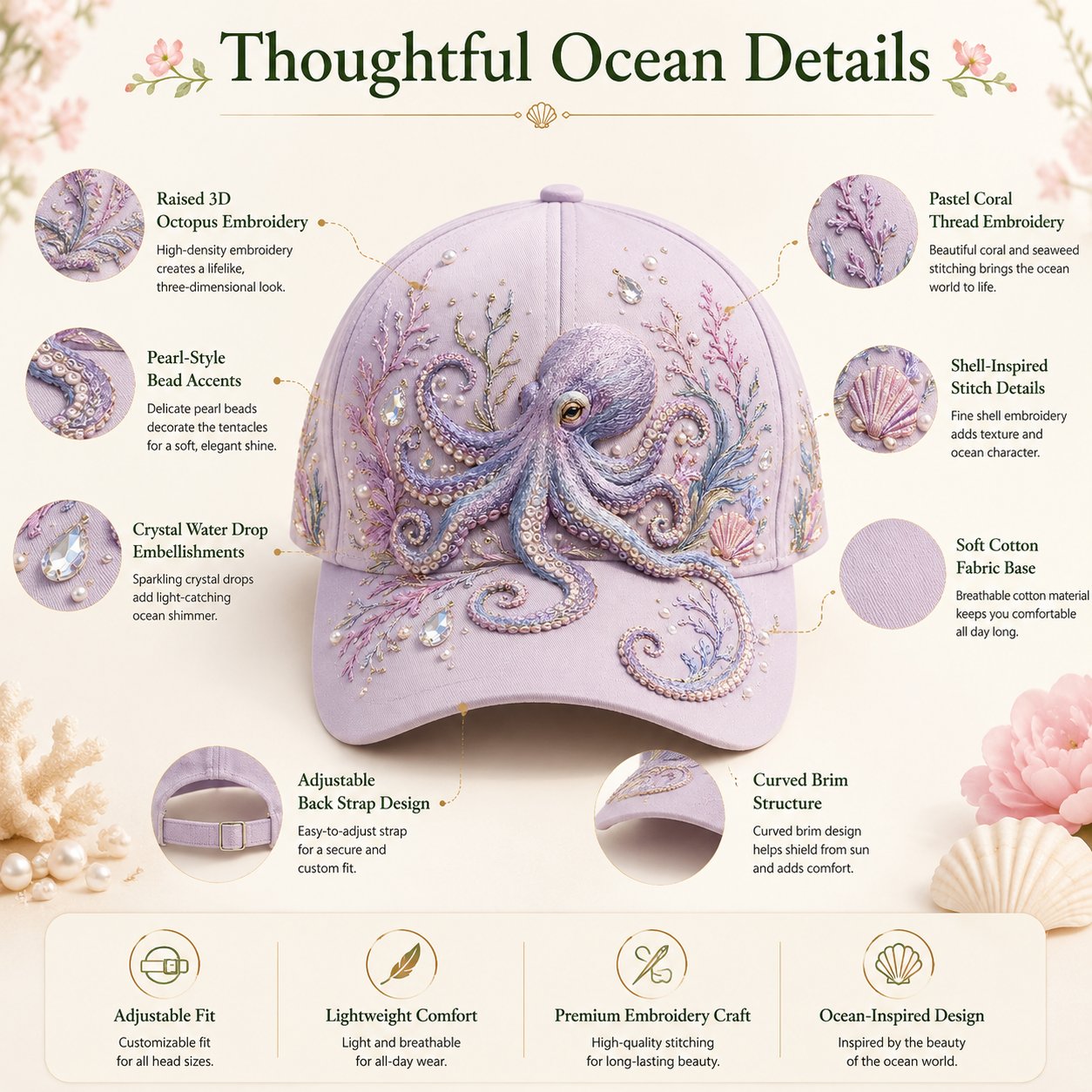 🌊 3D Ocean Creatures Embroidery Cap | Pearl & Crystal Adjustable Hat for Beach, Travel & Everyday Wear
