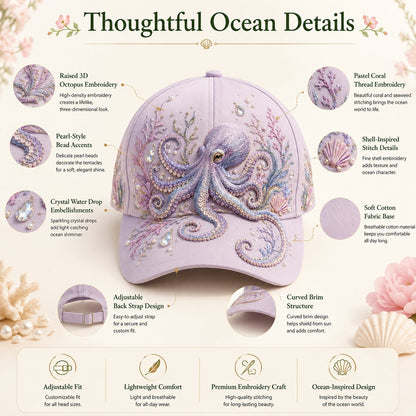 🌊 3D Ocean Creatures Embroidery Cap | Pearl & Crystal Adjustable Hat for Beach, Travel & Everyday Wear
