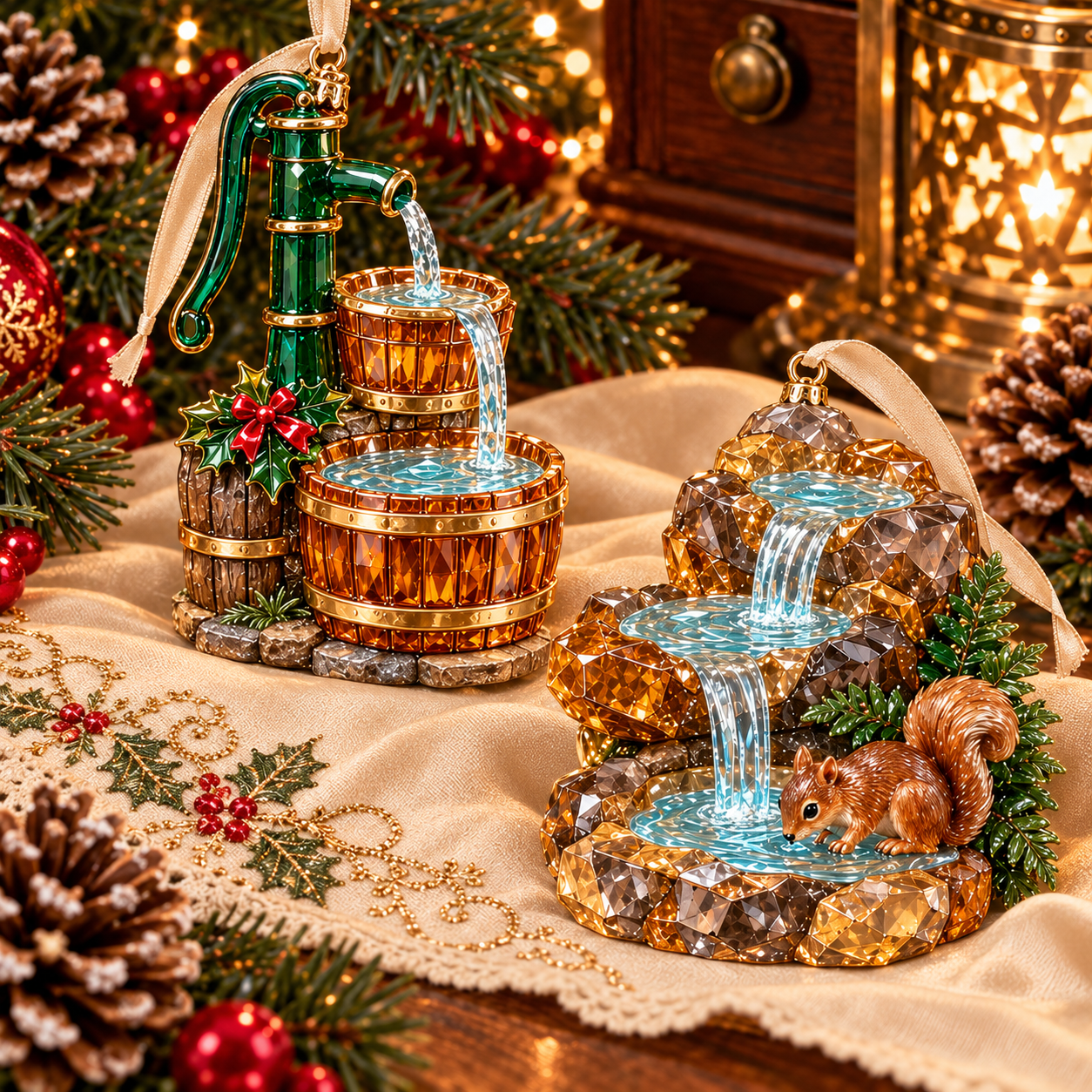 Rustic pump lion fountain and sapphire blue fountain ornaments above Christmas fireplace