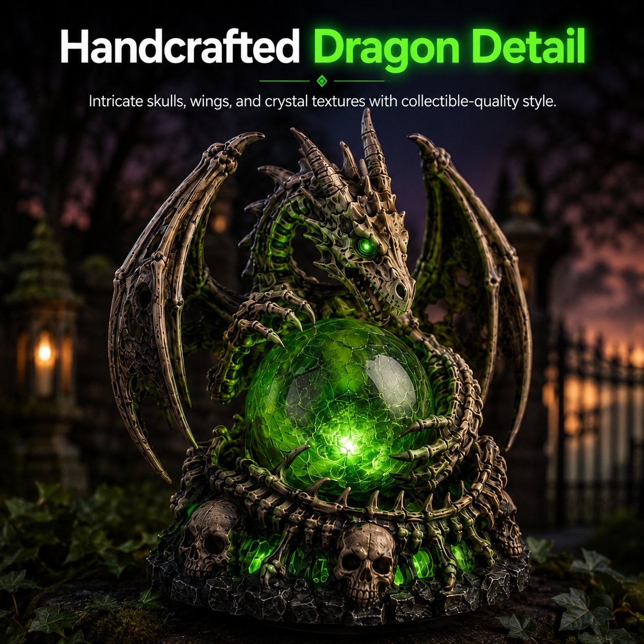 🐉 Solar Dragon Skull Crystal Orb Garden Light – Glowing Gothic Fantasy Halloween Outdoor Yard Decor with Solar Panel✨13*10*12cm（副本）