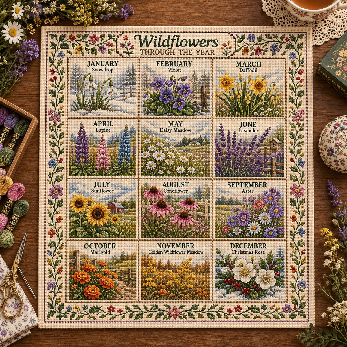 🧵 ✨ 12 Months Through the Year Embroidery Kit — 🪡A Year of Beautiful Stitches