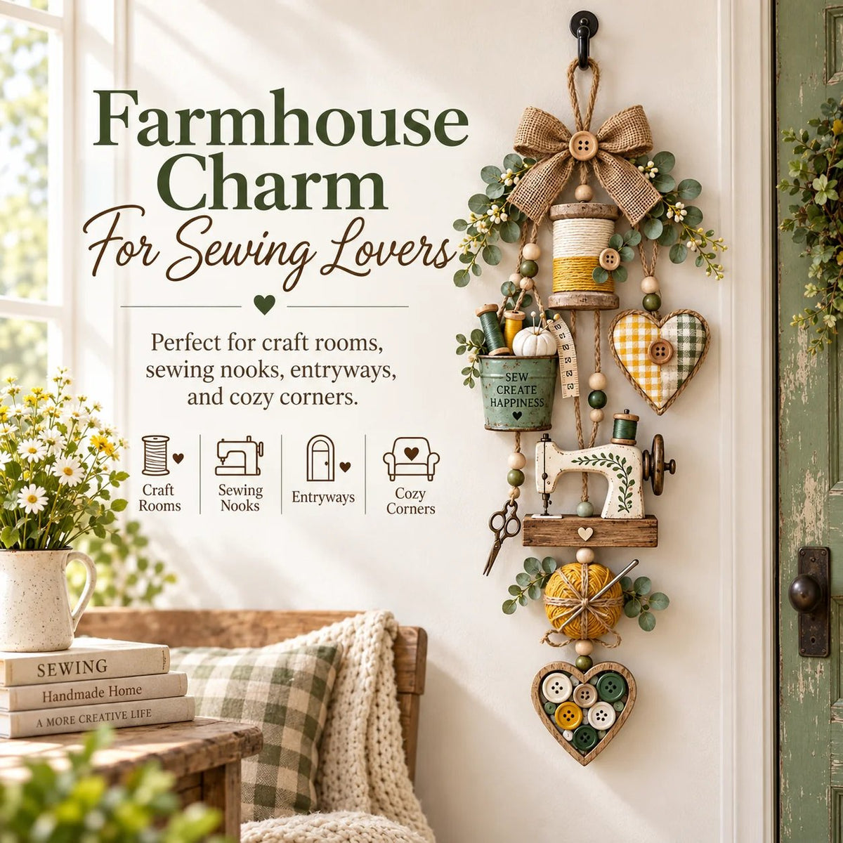 🔥🧵✨ Rustic Wooden Sewing - Themed Hanging Ornament with Remote Control Fairy Lights