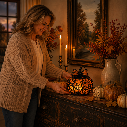 Glowing Filigree Pumpkin Lantern – Cozy Halloween Tabletop Decor