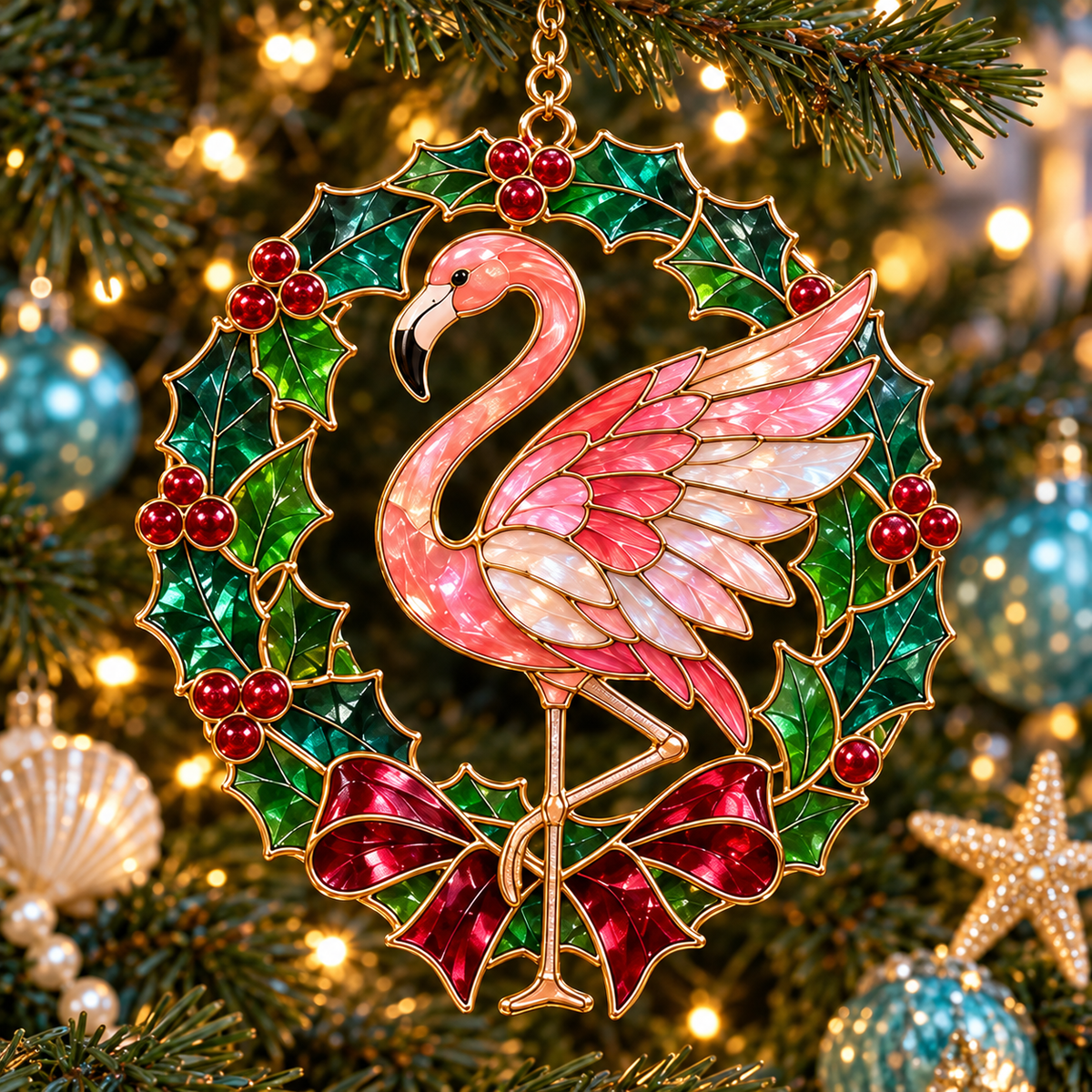 Coastal Christmas Flamingo Ornaments – Vintage Stained-Glass Style, 6-Piece Set