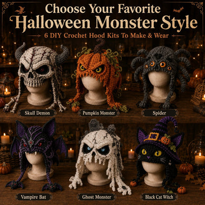 🎃 Halloween Monster Hood DIY Crochet Kit | Premium Soft Yarn Materials with Step-by-Step Guide DIY Handmade Wearable Character Hood 🧶🎭✨