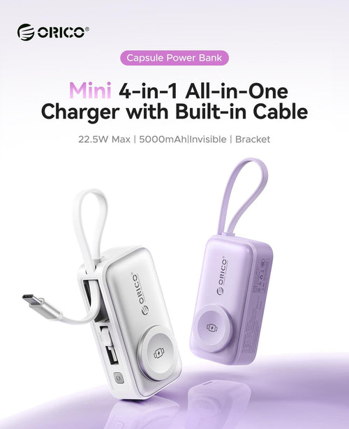 ⚡4-in-1 Folding Chargeable Portable Power Bank with Integrated Cable, Apple Watch Wireless Charging