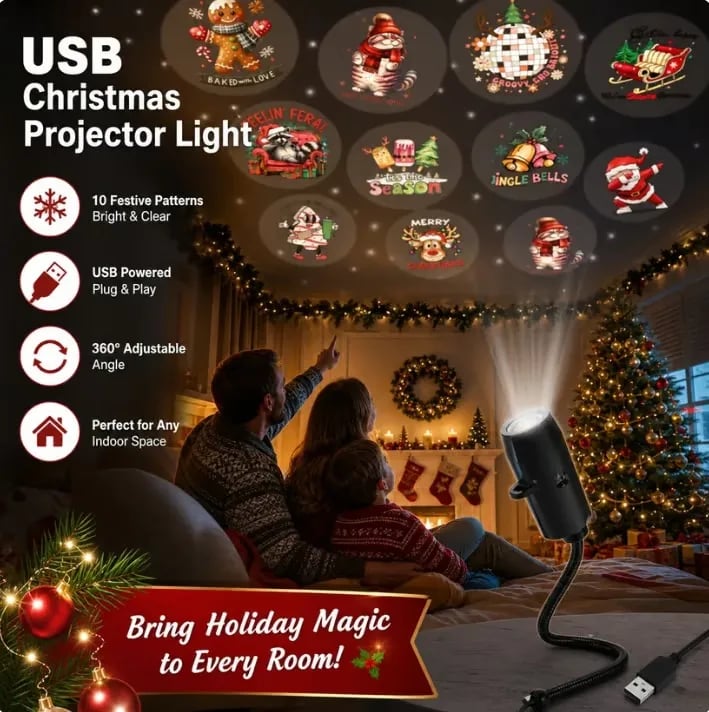 ⏳ Last Day 49% OFF – 🎄HD Christmas Scene Projector | 6 or 10 Festive Projection Discs, USB Plug & Play, 360° Flexible Design & Up to 200 Sq Ft Coverage ✨