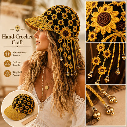 Handmade Crochet Sunflower Tassel Bell Hat | Adjustable Boho Festival Headpiece，Lightweight For Vacation & Photoshoots