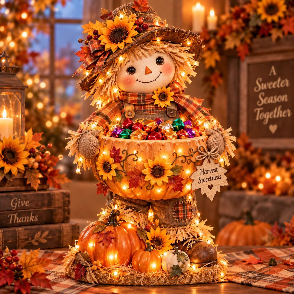 🍂 Harvest Glow™ – Lighted Scarecrow Candy Bowl