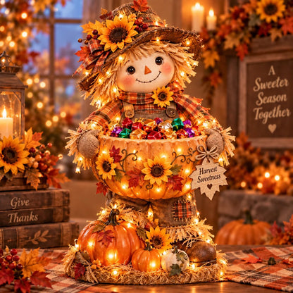 🍂 Harvest Glow™ – Lighted Scarecrow Candy Bowl