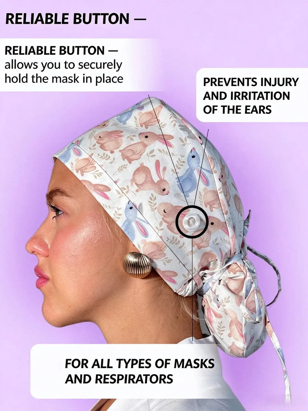 👩‍⚕️Adjustable Cotton Scrub Cap – Roomy Hair Pocket & Mask Buttons