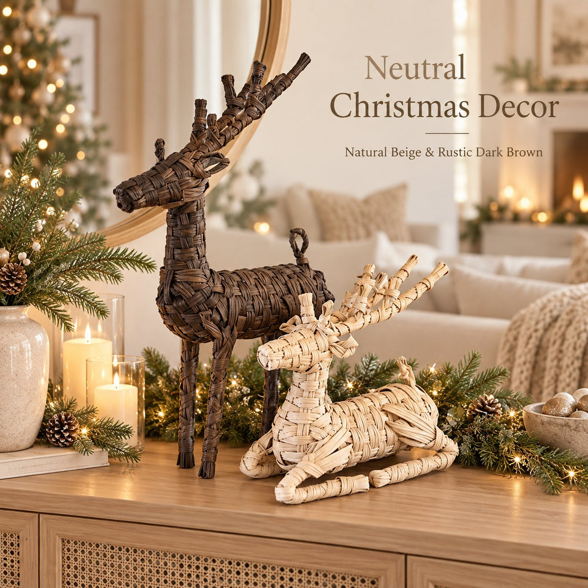 🦌 Woven Rattan Reindeer Christmas Décor – Rustic Holiday Reindeer