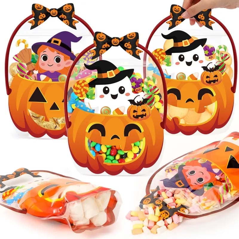 🔥Last Day 50% OFF - 50 Pcs Halloween Favor Bags Transparent Pumpkin Sealed Pouches🍬