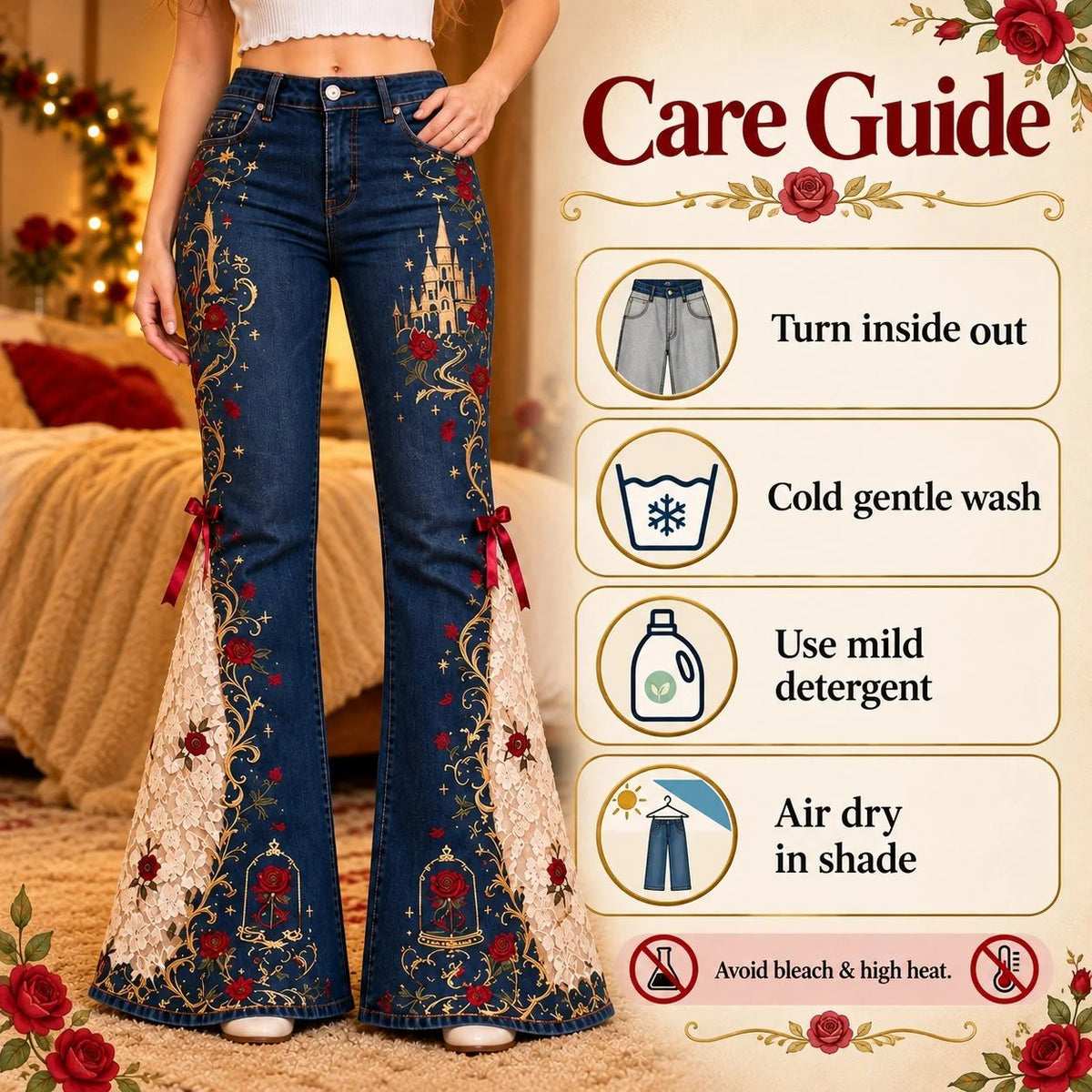 ⏳ Last Day 49% OFF – 🌹 Vintage Embroidered Flare Jeans | High-Rise Stretch Denim with Lace Panels & Floral Details ✨