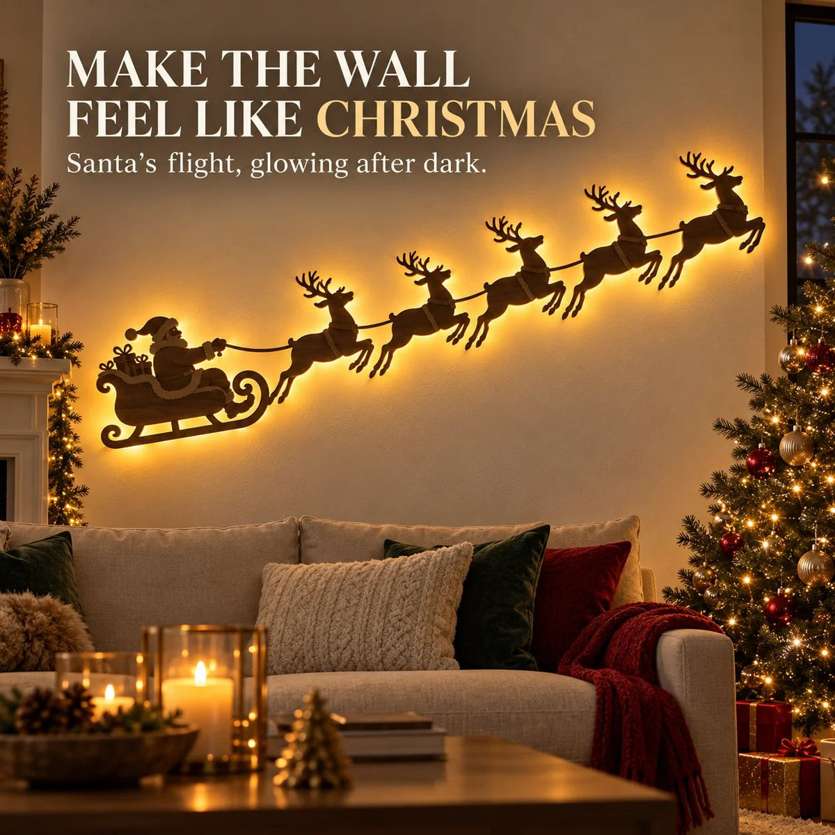 🦌 Santa Sleigh & 6 Reindeer LED Wall Display – Warm Christmas Glow