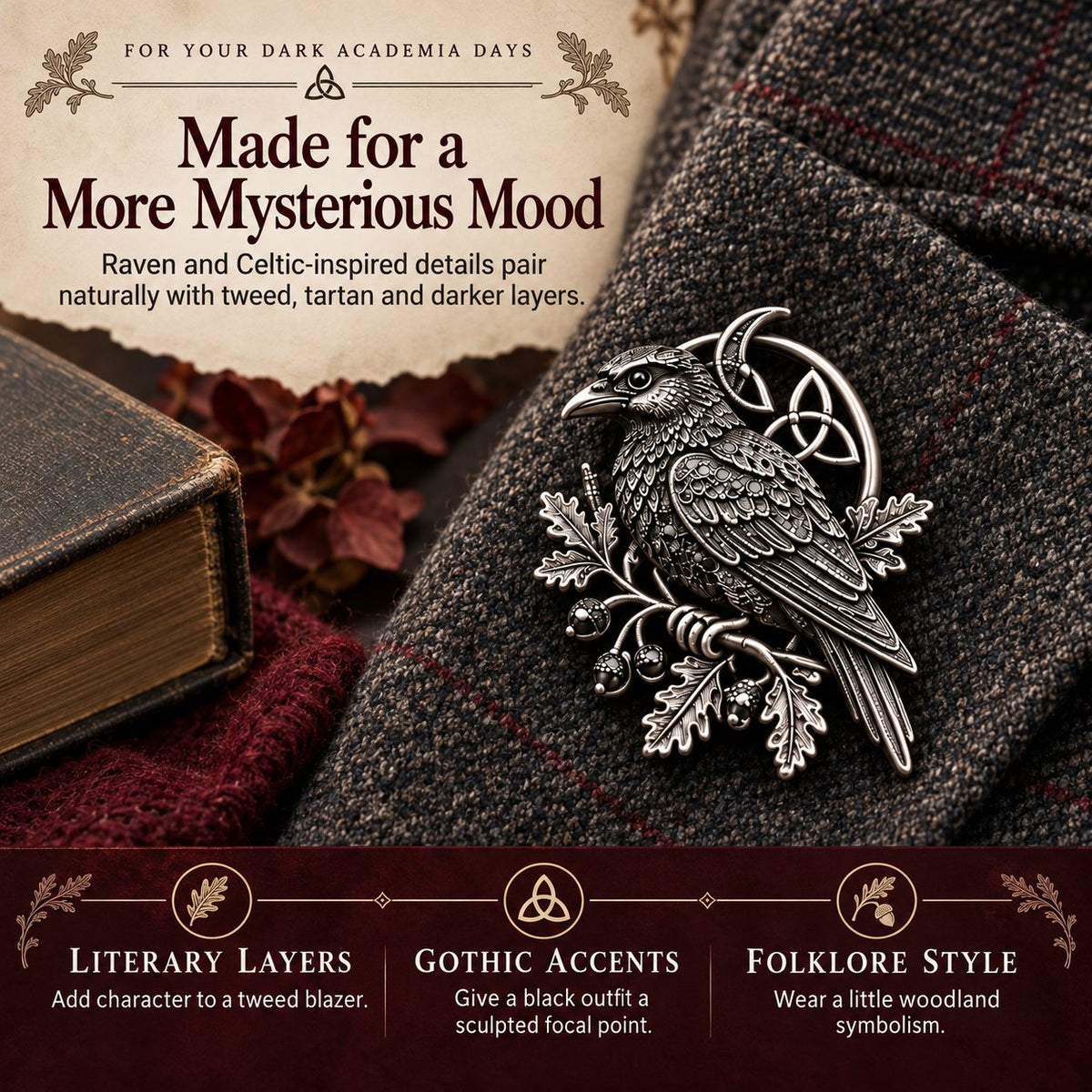🐦‍⬛ Gothic Celtic Raven Brooch | 4 Single-Brooch Styles