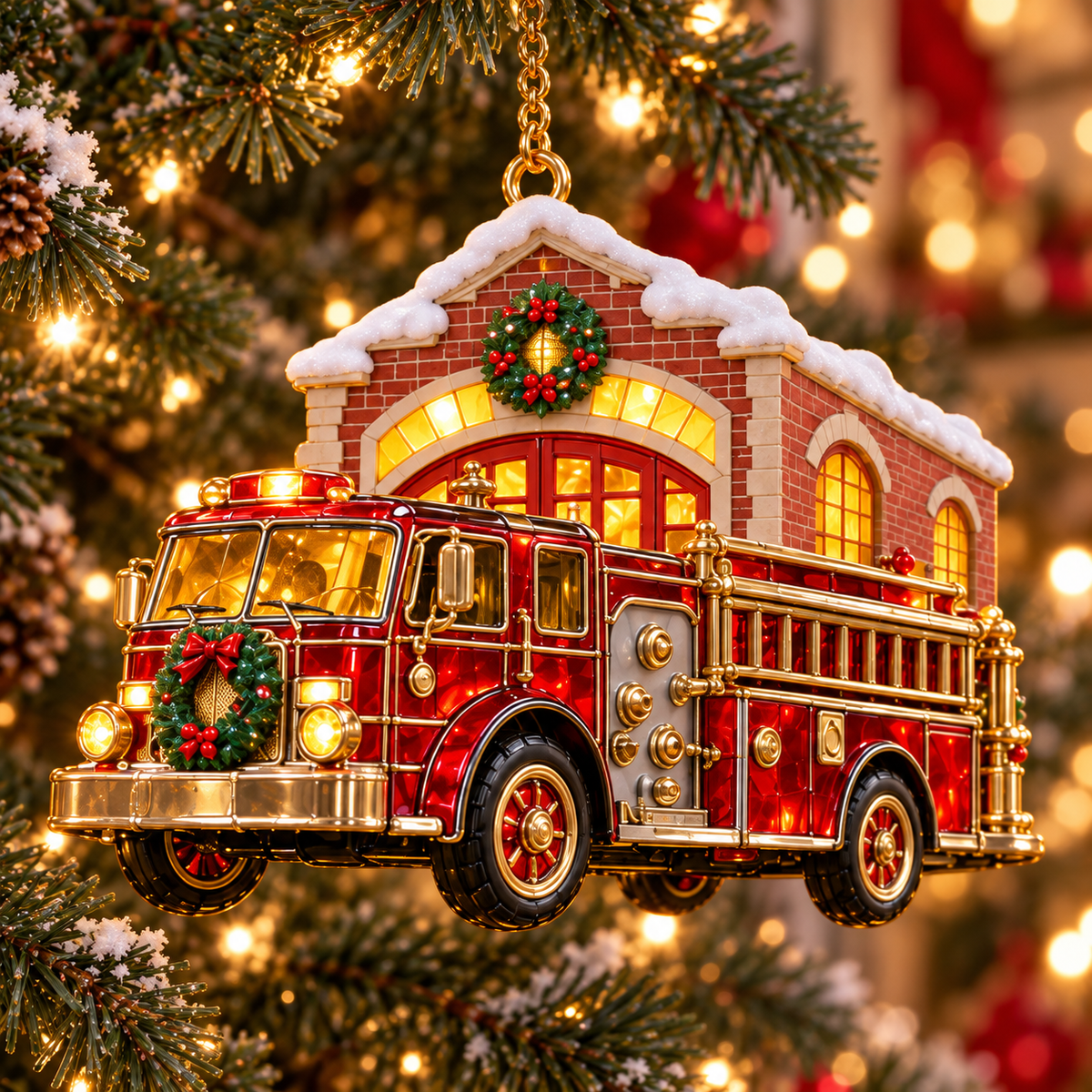 2026 Vintage Fire Truck Christmas Ornaments – Set of 6 | Stained-Glass Style with Festive Holiday Scenes & Golden Accents