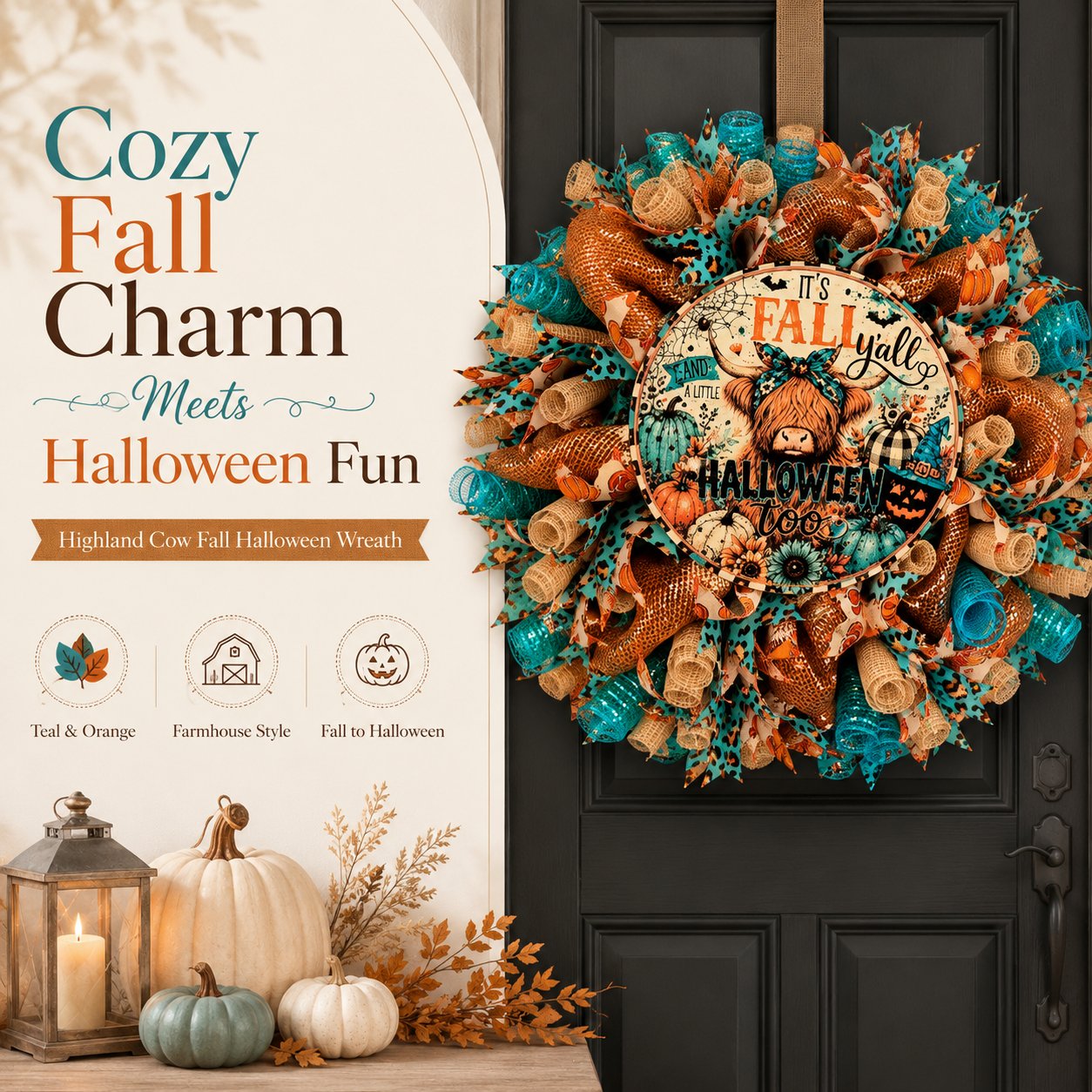 🐮🍂 Highland Cow Fall Halloween Wreath – Cozy Autumn Front Door Decor with Teal & Orange Buffalo Plaid Design for Thanksgiving, Harvest & Spooky Season 🚪🎁