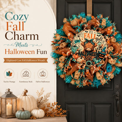 🐮🍂 Highland Cow Fall Halloween Wreath – Cozy Autumn Front Door Decor with Teal & Orange Buffalo Plaid Design for Thanksgiving, Harvest & Spooky Season 🚪🎁