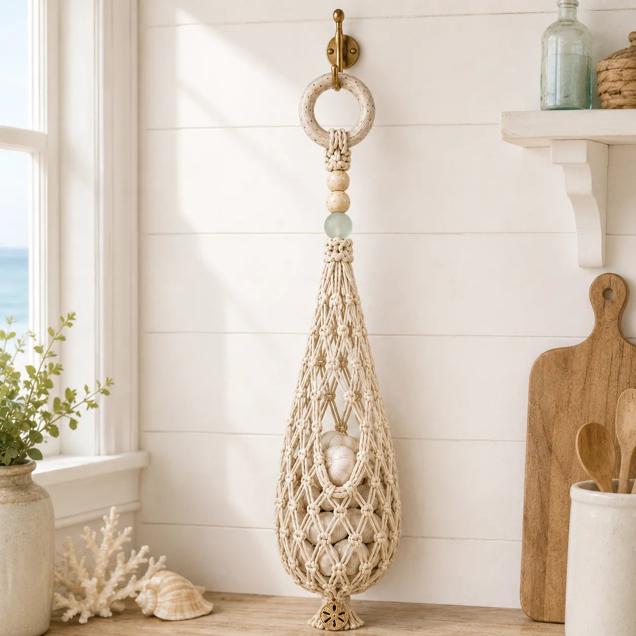 🌊 🥔 Coastal Hanging Produce Storage – Handwoven Breathable Organizer with Easy Side Access