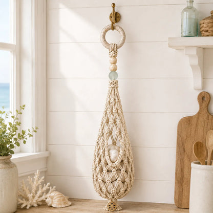 🌊 🥔 Coastal Hanging Produce Storage – Handwoven Breathable Organizer with Easy Side Access