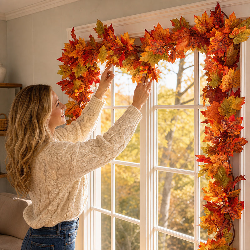 🍁 Autumn Maple Leaf Garland – 175cm Artificial Leaves Decoration for Mantelpiece, Staircase, Door Frame & Table