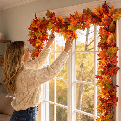 🍁 Autumn Maple Leaf Garland – 175cm Artificial Leaves Decoration for Mantelpiece, Staircase, Door Frame & Table
